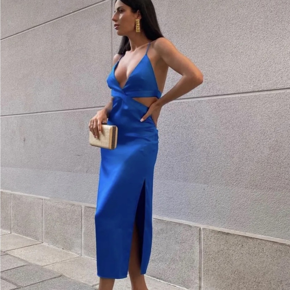 ZARA SATIN EFFECT CUT OUT DRESS ELECTRIC BLUE